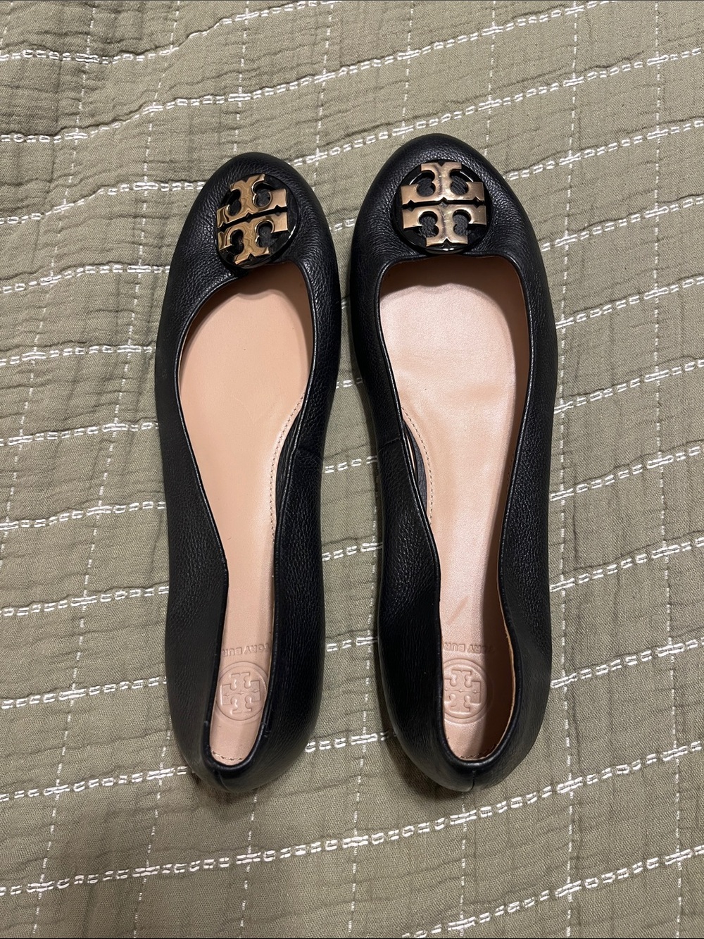 Tory Burch Black Leather Logo Ballet Flats with Gold Accent